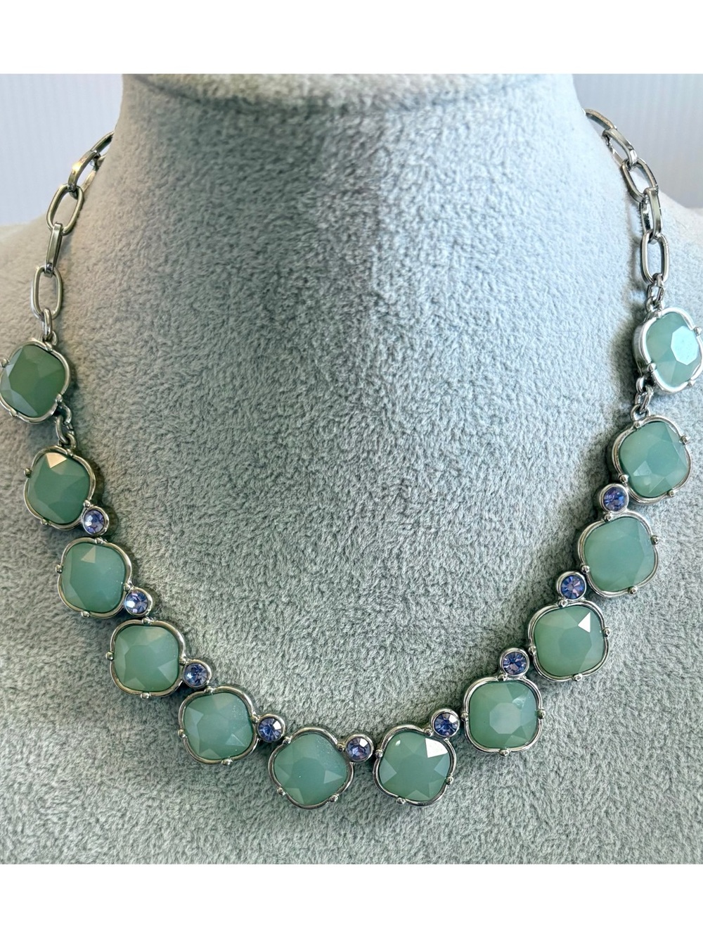 Lia Sophia Thea Signed Green Resin Stone and Lavender Rhinestones Necklace